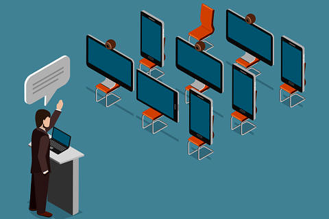 Illustration: Person hält Vortrag vor Stühlen, auf denen Bildschirme sitzen