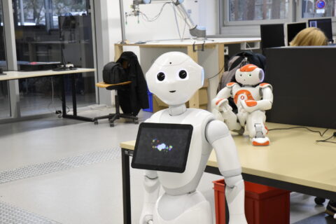 Im Bild die Roboter Pepper (vorne) und Nao vom FAU-Lehrstuhl für Fertigungsautomatisierung und Produktionssystematik (FAPS).